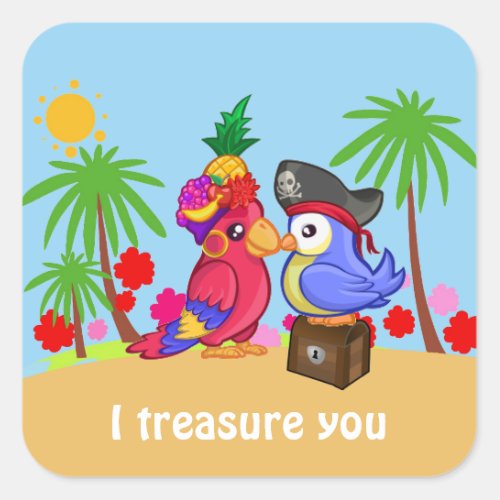 Cartoon Pirate Parrots Treasure Love Square Sticker