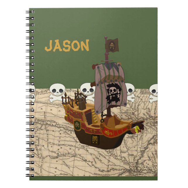 Cartoon Pirate Ship Customize Name Notebook (Front)