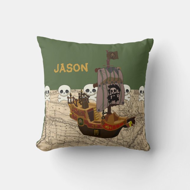 Cartoon Pirate Ship Personalize Throw Pillow (Front)