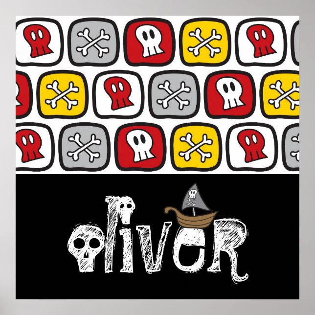 Cartoon Pirate Ship Skulls Bones Fun Colorful Boys Poster (Front)