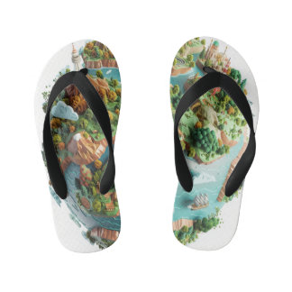 Cartoon Planet – Whimsical 3D Earth with Tiny Worl Kid's Flip Flops