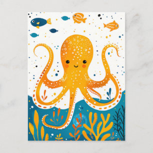 Cartoon Playful Octopus with Colorful Fish Postcard
