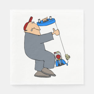 Cartoon Plumber Carrying Hot Water System Tank Napkins