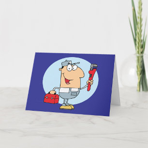 Cartoon Plumber Holding Pipe Wrench and Toolbox Card