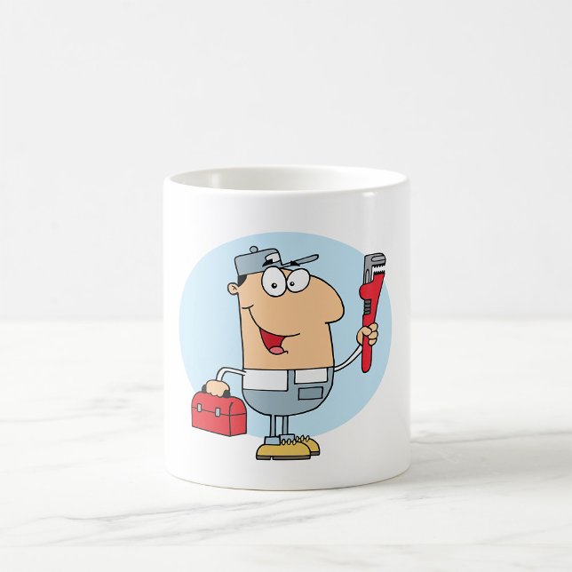 Cartoon Plumber Holding Pipe Wrench and Toolbox Coffee Mug (Creator Uploaded)