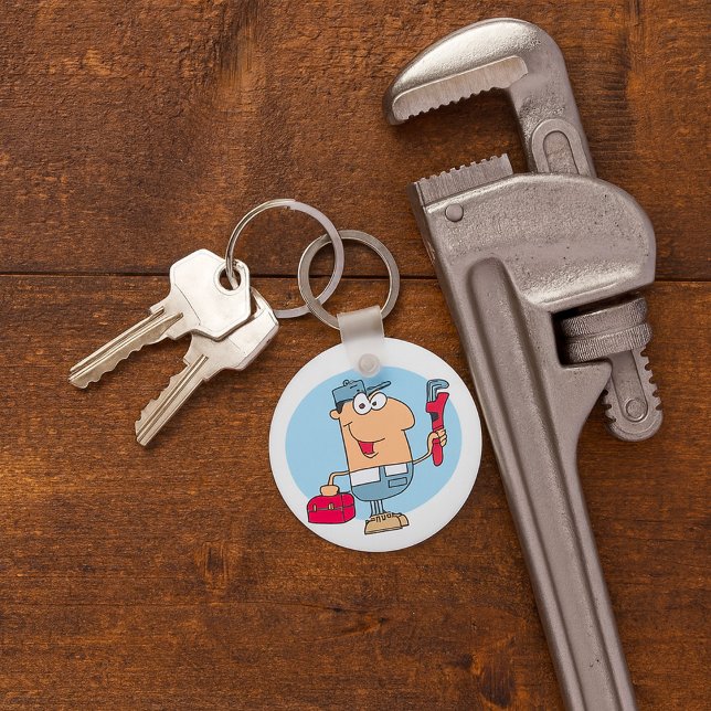 Cartoon Plumber Holding Pipe Wrench and Toolbox Keychain (Creator Uploaded)