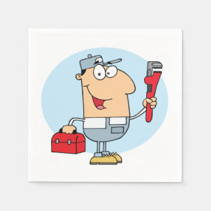 Cartoon Plumber Holding Pipe Wrench and Toolbox Napkins