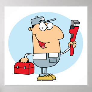Cartoon Plumber Holding Pipe Wrench and Toolbox Poster