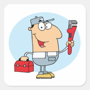 Cartoon Plumber Holding Pipe Wrench and Toolbox Square Sticker