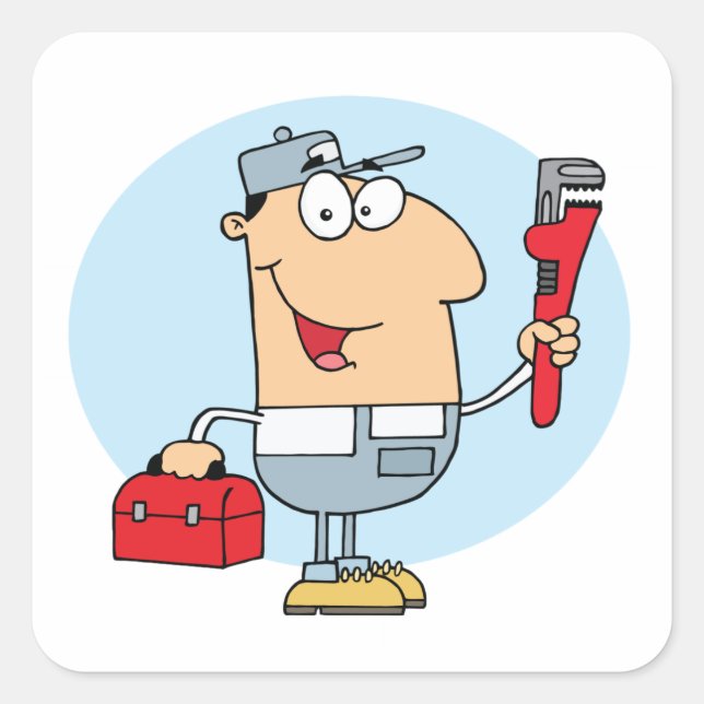 Cartoon Plumber Holding Pipe Wrench and Toolbox Square Sticker (Front)