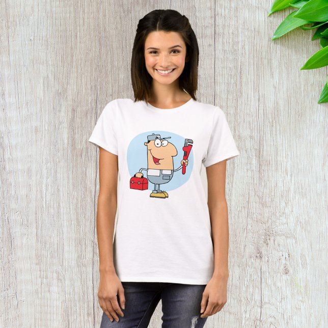 Cartoon Plumber Holding Pipe Wrench and Toolbox T-Shirt (Creator Uploaded)