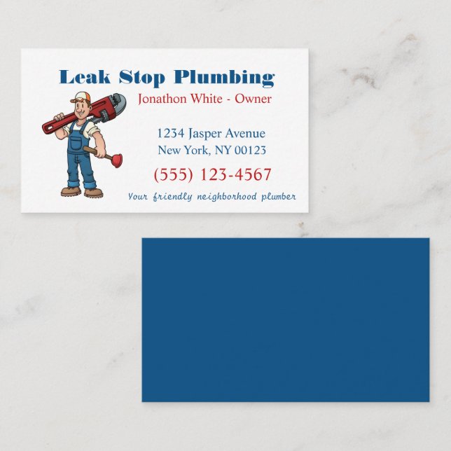 Cartoon Plumber Man Plumbing Maintenance Service   Business Card (Front/Back)