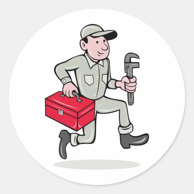 Cartoon Plumber with monkey wrench running Classic Round Sticker (Front)