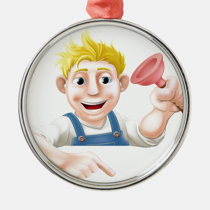 Cartoon plunger man pointing down ornament