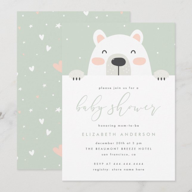 Cartoon Polar Bear Cartoon Winter Baby Shower Invitation (Front/Back)