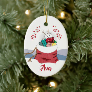 Cartoon Polar Bear Peeking in Santa's Bag Ornament