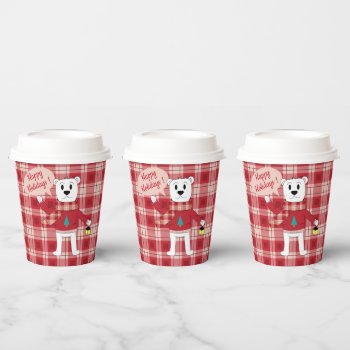 Cartoon Polar Bear With A Lantern | Red Plaid  Paper Cups by ArianeC at Zazzle