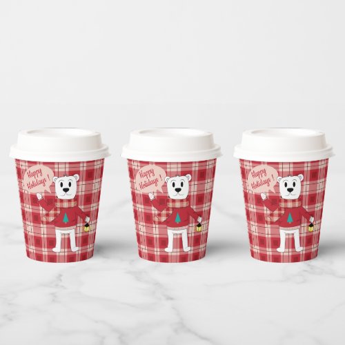 Cartoon Polar Bear with a Lantern  Red Plaid  Paper Cups