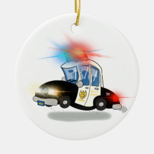 Cartoon Police Car and Fire Truck Ceramic Ornament