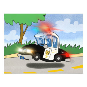Cartoon Police Car with Flashing Lights Photo Print