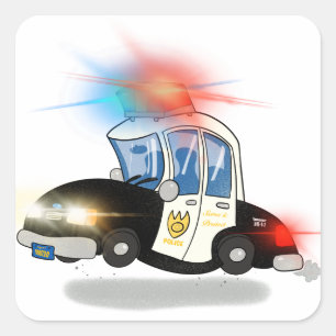 Cartoon Police Car with Flashing Lights Square Sticker