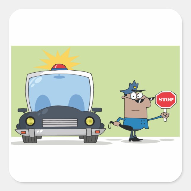 Cartoon Police Officer Holding Stop Sign Square Sticker (Front)