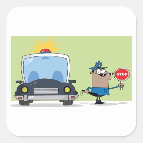 Cartoon Police Officer Stop Sign Square Sticker