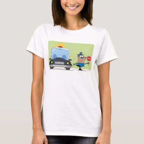 Cartoon Police Officer Stop Sign T_Shirt