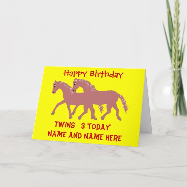 Cartoon ponies, smiling, twins birthday customize card (Front)