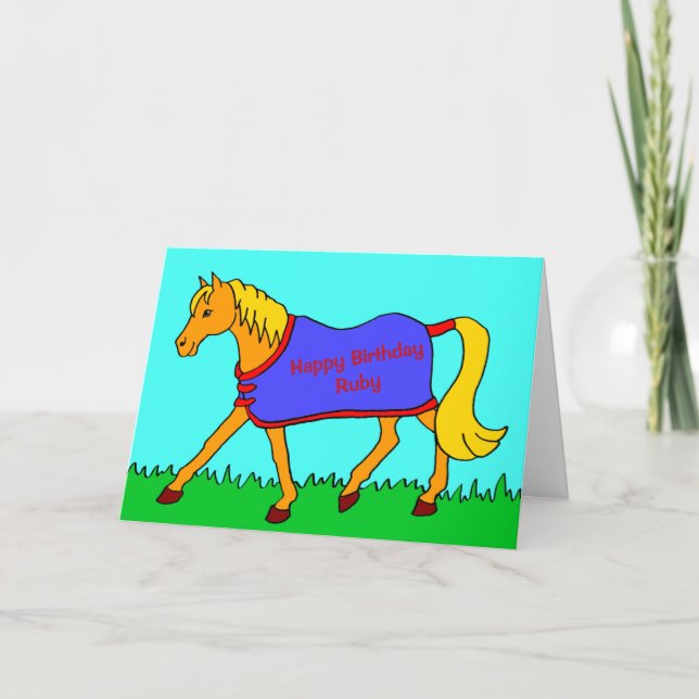 Cartoon Pony with Message on Rug Birthday Card (Front)
