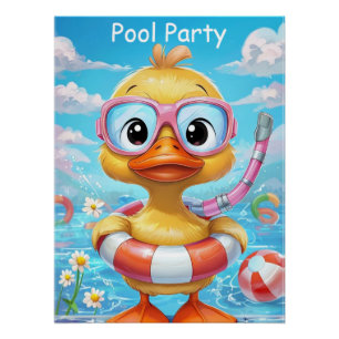 Cartoon Pool Party Duck with Snorkel and Swim Gear Poster