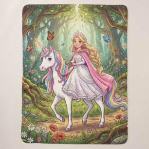 Cartoon Princess Riding on the Unicorn Sherpa Blanket