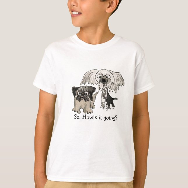 Cartoon Pug and Crested Chinese Puppy T-Shirt (Front)