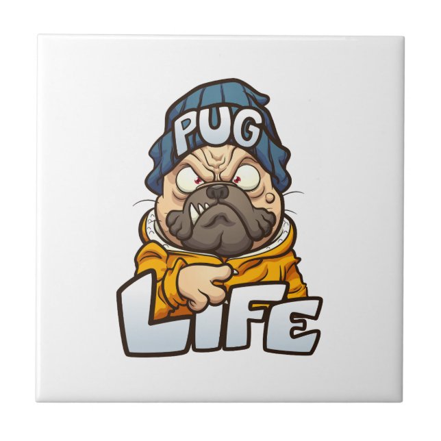 cartoon pug dog with angry face wearing a beanie a ceramic tile (Front)
