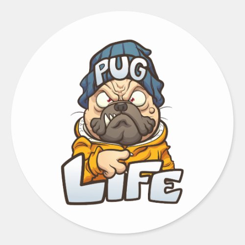 cartoon pug dog with angry face wearing a beanie a classic round sticker