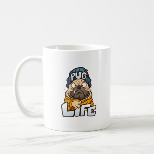 cartoon pug dog with angry face wearing a beanie a coffee mug