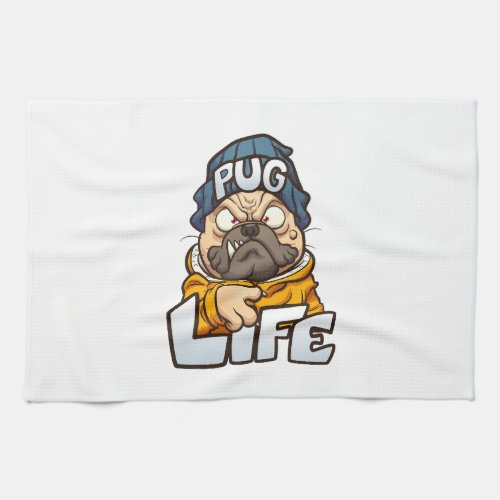 cartoon pug dog with angry face wearing a beanie a kitchen towel