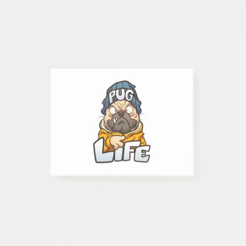 cartoon pug dog with angry face wearing a beanie a post_it notes