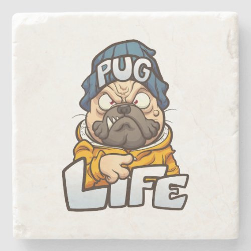 cartoon pug dog with angry face wearing a beanie a stone coaster