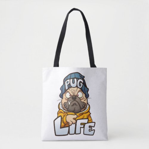 cartoon pug dog with angry face wearing a beanie a tote bag