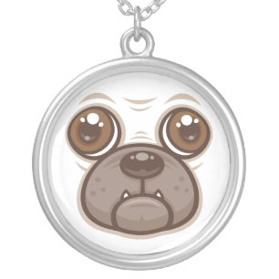 Cartoon Pug Mug Puppy Dog Face Silver Plated Necklace
