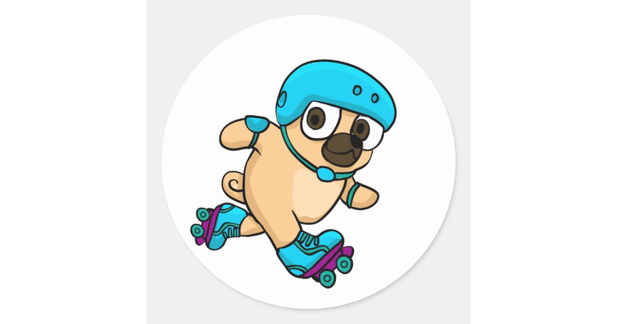 Cartoon Pug On Rollerblades Classic Round Sticker Zazzle Com