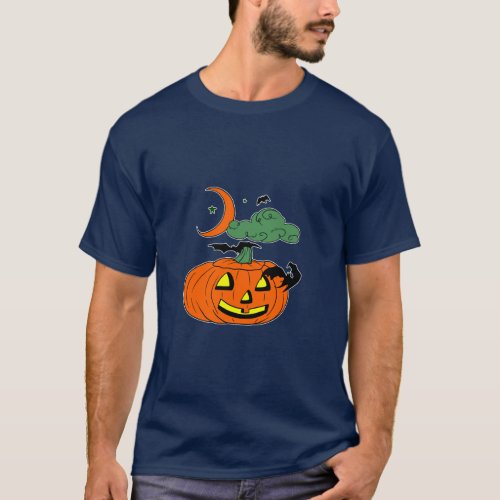 Cartoon Pumpkin Bats Clouds and Moon  T_Shirt