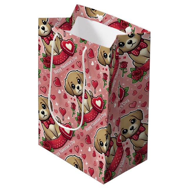 Cartoon Puppy with Valentine's Day Hearts Medium Gift Bag (Front Angled)