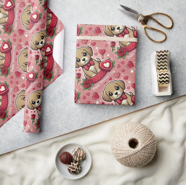 Cartoon Puppy with Valentine's Day Hearts Wrapping Paper (Crafts)