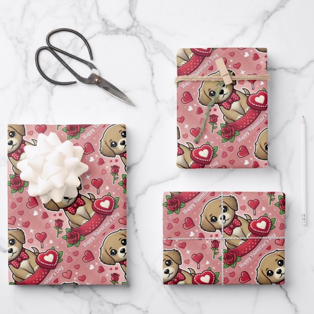 Cartoon Puppy with Valentine's Day Hearts Wrapping Paper Sheets (Front)