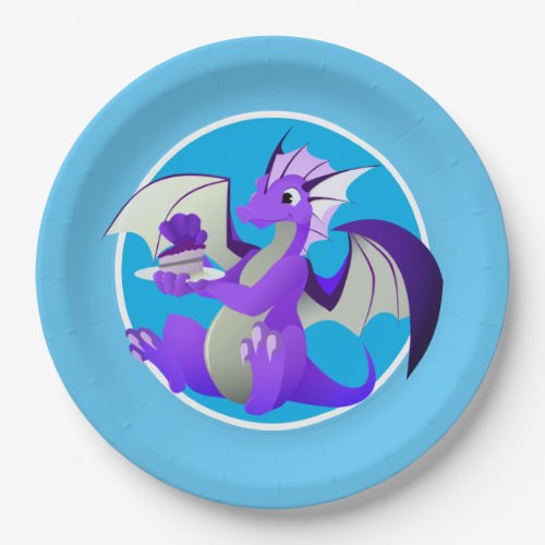 Cartoon Purple Dragon with Cake Blue Paper Plates