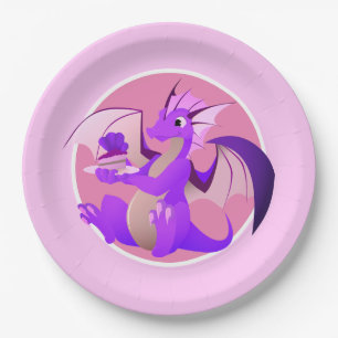 Cartoon Purple Dragon with Cake Pink Paper Plates
