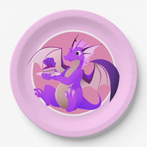 Cartoon Purple Dragon with Cake Pink Paper Plates