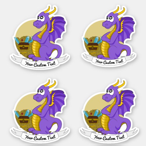 Cartoon purple dragon with treasure and text sticker